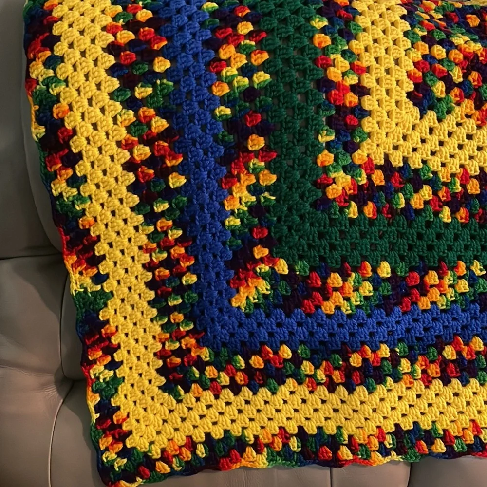 Beautiful vibrant colorful 55 x 43” handmade grandma/Roseanne Afghan throw